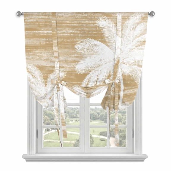 Summer Palm Trees Tie Up Curtains for Kitchen Windows,Adjustable Rod Pocket Valance 63 Inch Long, Tropical Beige Shabby Abstract Art Beach Window Treatment Balloon Roman Blind Shade, 52" x 63"
