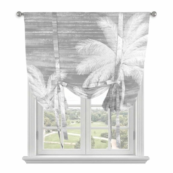 Summer Palm Trees Tie Up Curtains for Small Windows,Adjustable Rod Pocket Valance 45 Inch Short, Tropical Grey Shabby Abstract Art Beach Window Treatment Balloon Roman Blind Shade, 34" x 45"