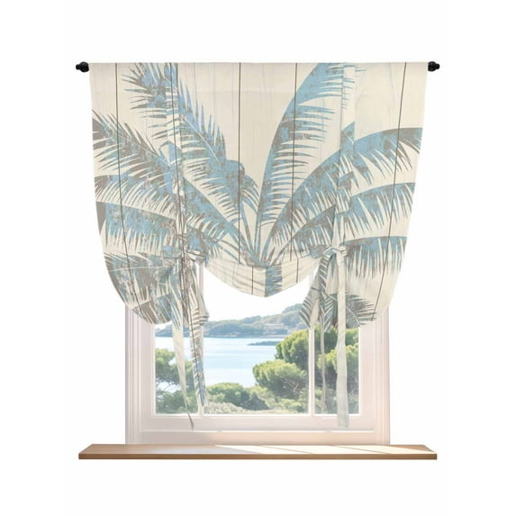 Summer Palm Trees Tie Up Curtains for Windows 63 Inch Length Balloon Curtains Kitchen Adjustable Balloon Window Shade Tropical Plants Vintage Wood Grain Tie Up Valance Bathroom Curtain Window 52"x63"