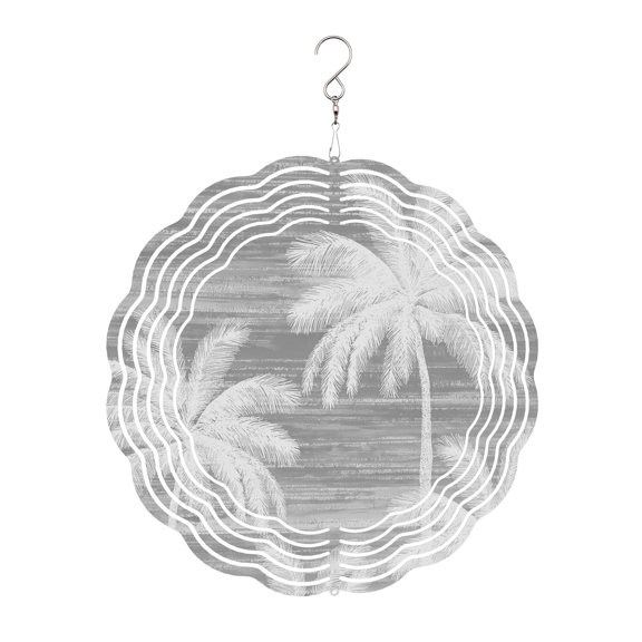 Summer Palm Trees Wind Spinner for Garden Yard 8In, Tropical Coastal Rustic Grey Abstract 3D Stainless Steel Kinetic Hanging Wind Spinners Rustproof Outdoor Decor for Lawn Patio Home