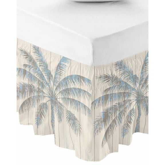 Summer Palm Trees Wrap Around Bed Skirts for Queen Bed 16" Drop,Bed Skirt with Adjustable Elastic Belt Dust Ruffle Bed Valance for Bedroom Hotel Tropical Plants Vintage Wood Grain Bed Frame Cover