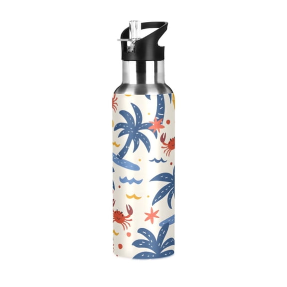 Water Bottles 34oz Straw Lid Wide Mouth Stainless Steel for School Sport Travel Summer Palm Trees and Crabs