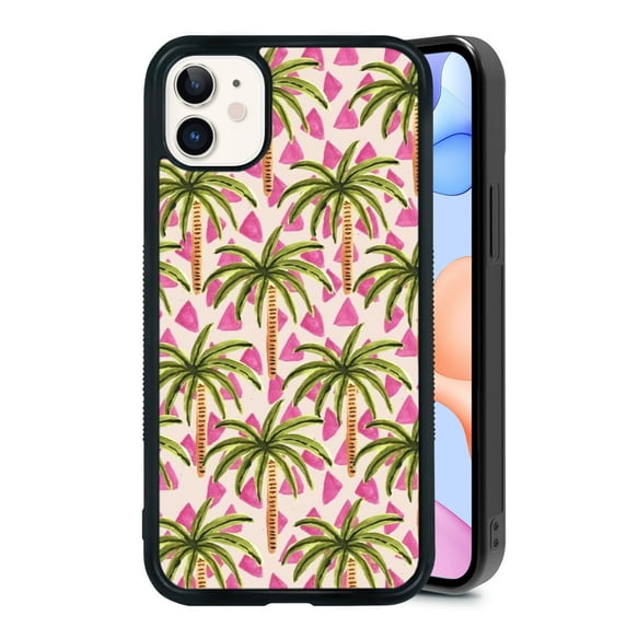 Summer Palm Trees for iPhone 12 Mini Case, Cute Aesthetic Lovely Pink Fashion Shock-Absorbent Protective,Black