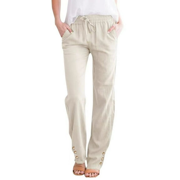 Summer Pants For Women Casual Lightweight Women Casual Cotton And Linen Solid Drawstring Elastic Waist Long Straight Pants Beige M
