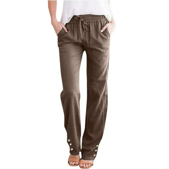 Summer Pants For Women Casual Lightweight Women Casual Cotton And Linen Solid Drawstring Elastic Waist Long Straight Pants Brown M