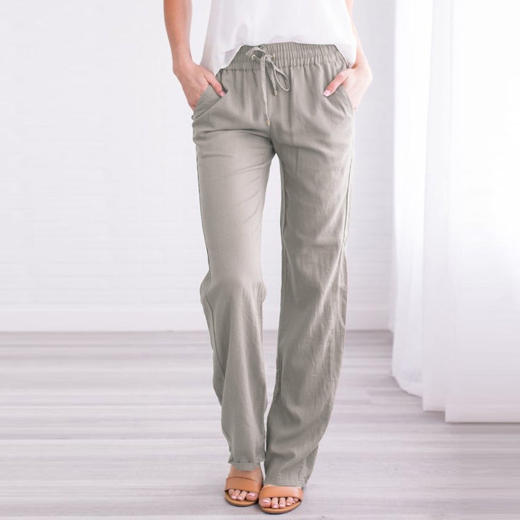 Womens Casual Cotton Linen Pants High Waisted Straight Leg Lounge Pants  Summer Lightweight Comfy Solid Color Roll Up Trousers with Pockets -  Walmart.com