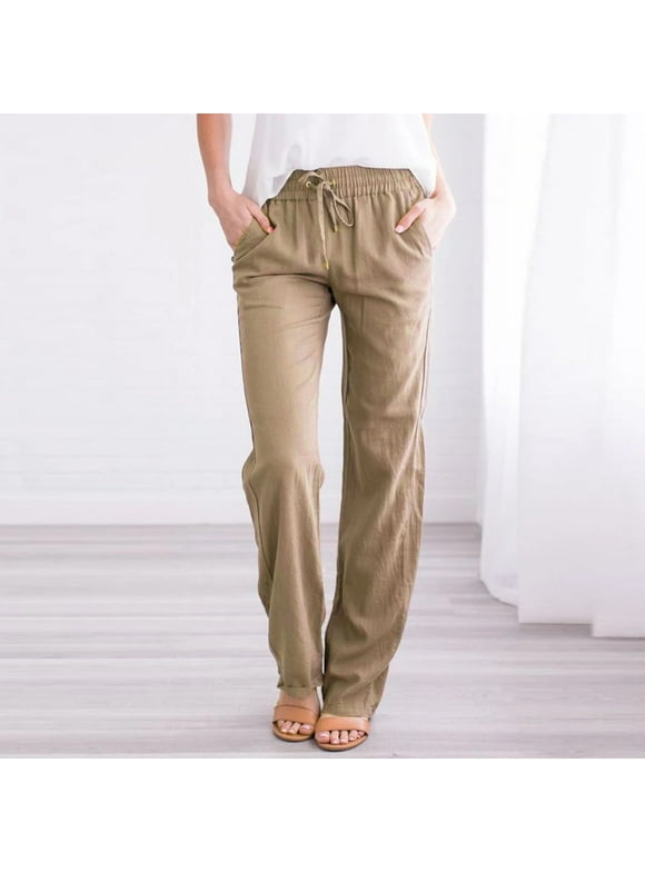 Summer Pants For Women Casual Lightweight Women Casual Cotton And Linen Solid Drawstring Elastic Waist Long Straight Pants Khaki Xxl