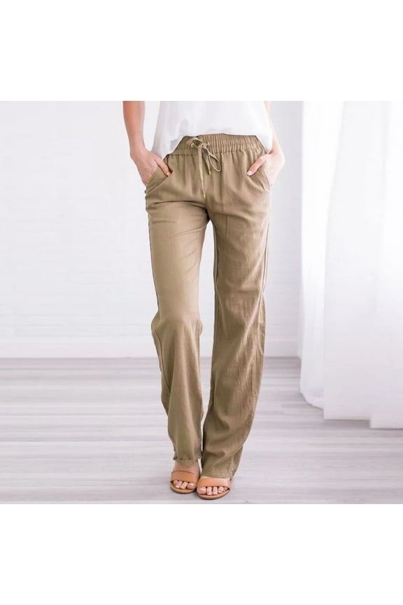 Summer Pants For Women Casual Lightweight Women Casual Cotton And Linen Solid Drawstring Elastic Waist Long Straight Pants Khaki Xxxl