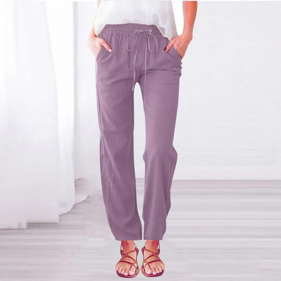 Summer Pants For Women Casual Lightweight Women Casual Cotton And Linen Solid Drawstring Elastic Waist Long Straight Pants Purple Xxxl