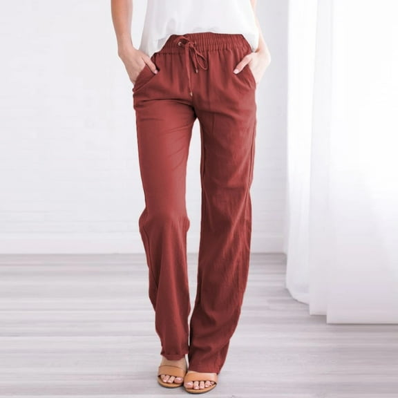 Summer Pants For Women Casual Lightweight Women Casual Cotton And Linen Solid Drawstring Elastic Waist Long Straight Pants Wine M