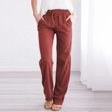 Summer Pants For Women Casual Lightweight Women Casual Cotton And Linen Solid Drawstring Elastic Waist Long Straight Pants Wine Xxl