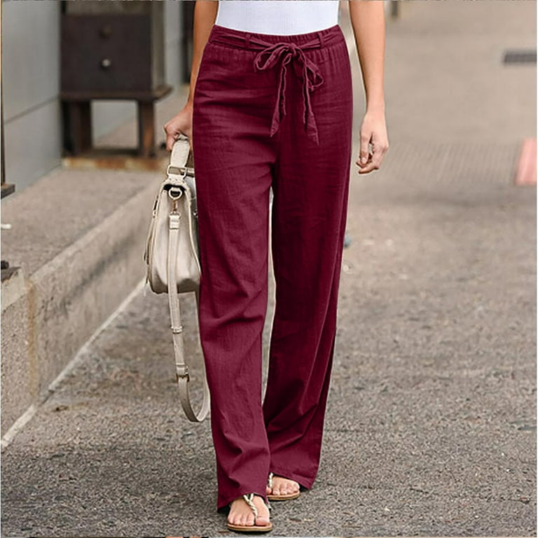 Summer Pants For Women Casual Lightweight Women Casual Solid Color Bandage  Pockets Elastic Waist Comfortable Straight Pants Wine Xl