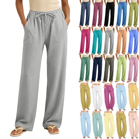 Summer Pants For Women Cotton And Linen Solid Color Drawstring Casual Long Pants With Pocket Waist Plus Size Trousers