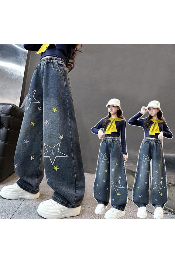 Summer Pants Kids Star Print Loose Wide Leg Jeans Casual Comfortable Trendy Basic Fit Girls 4-5Y