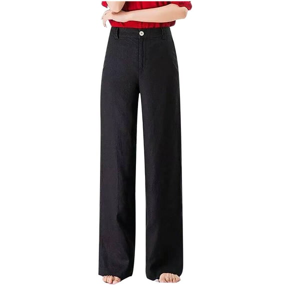 Summer Pants Saving! Funicet Pants for Women Solid Cotton Linen Slacks Lightweight Straight Suit Pants Long Lounge Pant Trousers with Pocket Black S