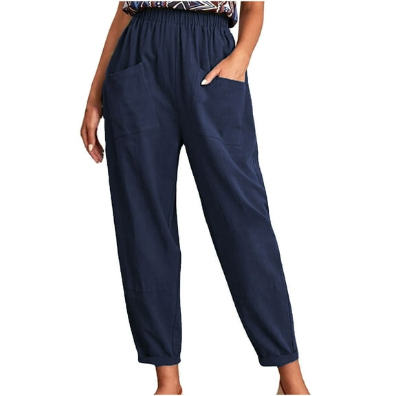 Summer Pants Saving! Funicet Plus Size Womens Pants Slacks Elastic Waist Casual Pant Solid Straight Leg Cotton Linen Cropped Pocket Trousers Blue 4XL