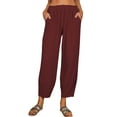 thumbnail image 1 of Summer Pants Saving! Funicet Wide Leg Cropped Pants for Women Solid Slacks Lightweight Casual Mid Waist Summer Cotton Loose Straight Pants Wine S, 1 of 4