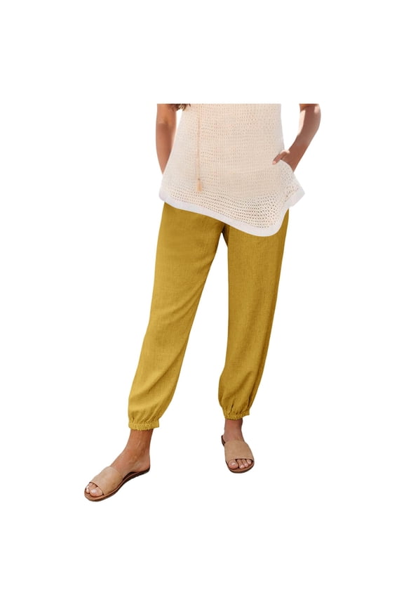 Summer Pants for Women 2024 Summer Solid Color Elastic Waist Pants Casual High Waist Ninth Stretchy Work for Women Rhinestones Running Clothes Brocade Womens Casual Sweat Yellow M