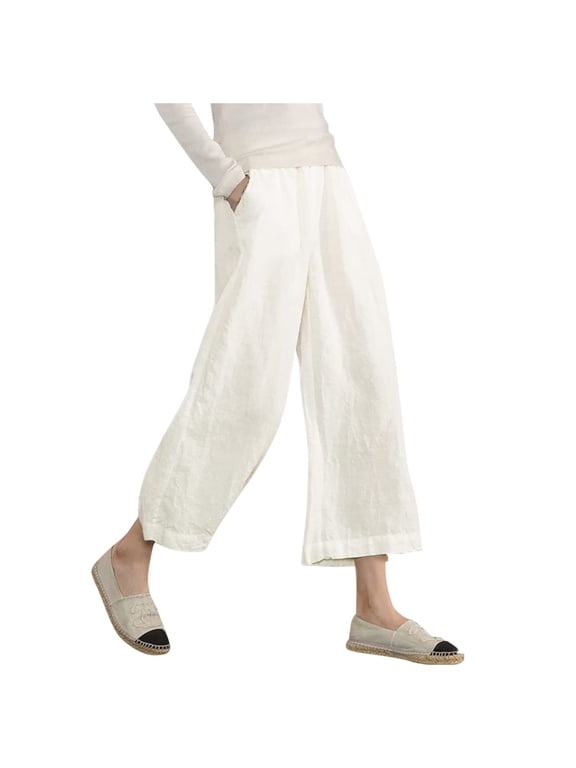 Summer Pants for Women 2024 Women's Casual Loose Elastic Waist Trousers Point Wide Leg Pants Yoga for Women Flare Pant Regular Fit Straight Leg Stretch Pant with Pocket Peg Trousers Elastic White 2XL
