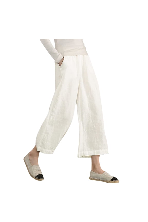 Summer Pants for Women 2024 Women's Casual Loose Elastic Waist Trousers Point Wide Leg Pants Yoga for Women Flare Pant Regular Fit Straight Leg Stretch Pant with Pocket Peg Trousers Elastic White 2XL