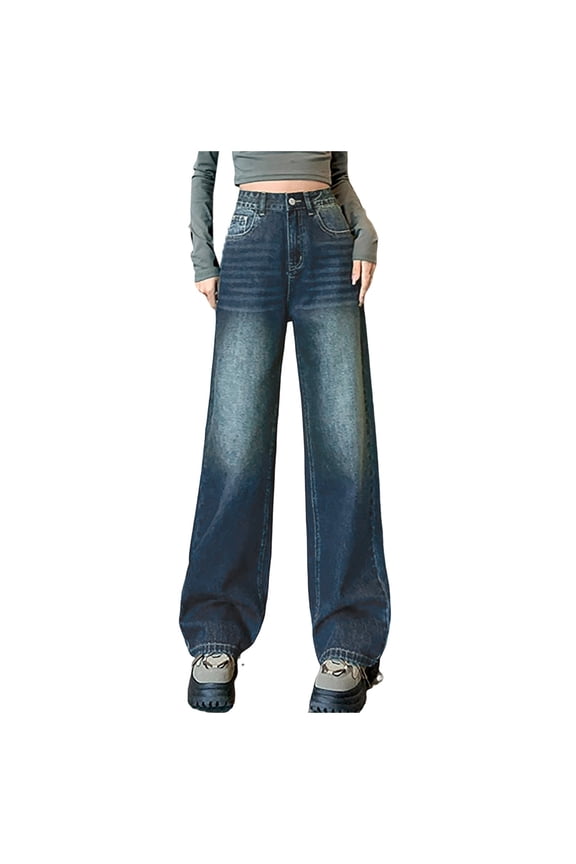 Summer Pants for Women Baggy Jeans Trousers With High Waist E Girl Style Streetwear Fashion Vintage Denim Loose Straight Leisure Trousers Petite for Women Dress Pants Casual Tropical Dark Blue L