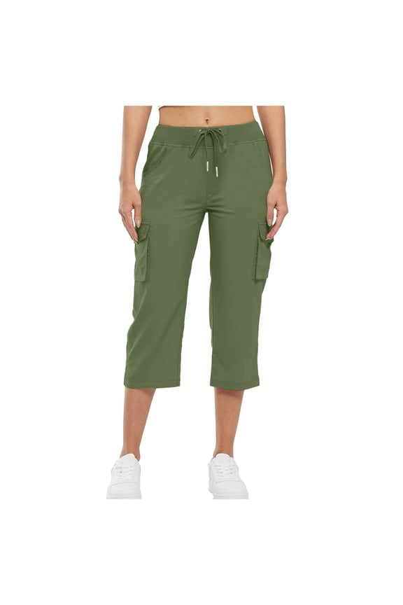 Summer Pants for Women Cargo Capris Hiking Pants Summer Casual Drawstring High Waisted Sweatpants Loose Capri With Pockets Pant Jean Women Fashion Woman Clothes Short Track Casual Olive Green 2XL