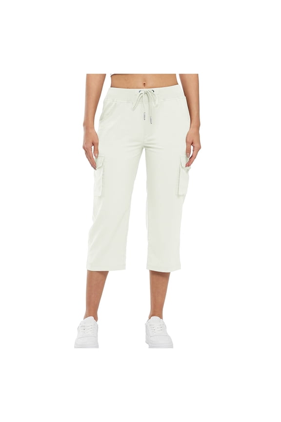 Summer Pants for Women Cargo Capris Hiking Pants Summer Casual Drawstring High Waisted Sweatpants Loose Capri With Pockets Pant Jean Women Fashion Woman Clothes Short Track Casual Olive White S