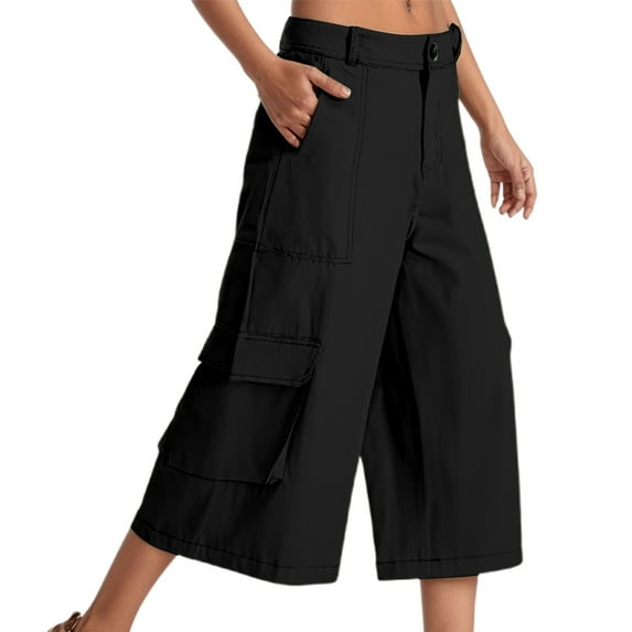 Summer Pants for Women Cargo Capris For Women Stretch Wide Leg Hiking Pants Lightweight Baggy Cargo With Pockets Dress Work plus Size Athletic Size 16 Womens Petite Elastic Black L
