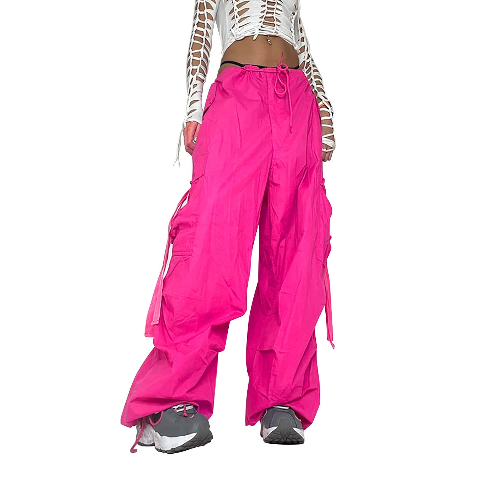 CaComMARK PI Capris/Cargo Pants for Women Plus Size Ladies Solid Hippie  Punk Trousers Streetwear Jogger Pocket Loose Overalls Long Trousers Pink