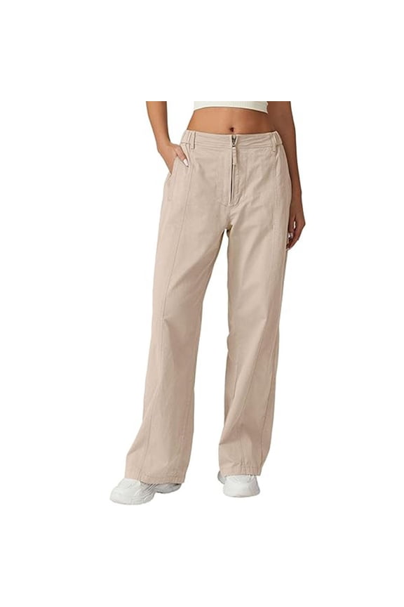 Summer Pants for Women Cargo Pants Women Zip Front Parachute Baggy Wide Leg With Pocket Straight Leg Chinos Work Stretch Business Casual for Winter Fall Womens Clothes Beige 2XL