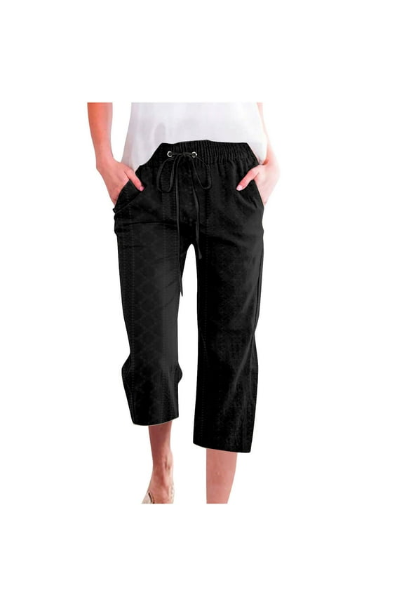Summer Pants for Women Casual Embroidery Eyelet Elastic Drawstring Capri Pants Fashion Solid Color Capri Leggings With Pocket Womens Dress Tall Women's Casual Dress Leather for Women Large Black 3XL