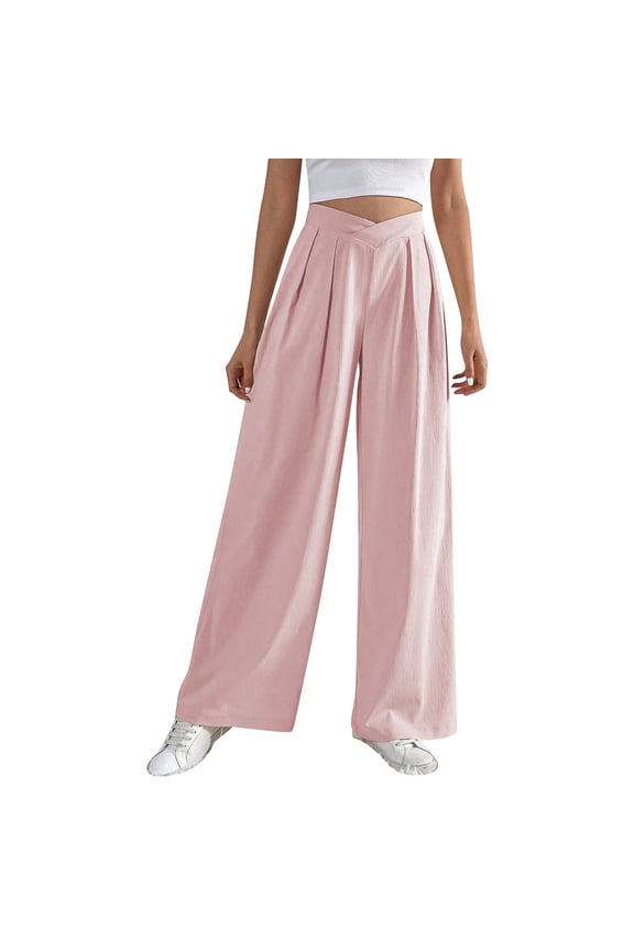 Summer Pants for Women Casual High Waist Plicated Pants Loose Fit Wide Leg Trousers Scrub Women Denim Track Drawstring High Waist Womens Stretch for Casual Female Suits Work Work Red L