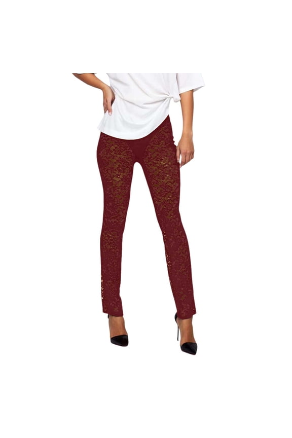 Summer Pants for Women Casual Pants High Waisted Stretchy Leggings With Lace Cutout Design For Party Workout Night Out Comfortable Everyday Wear Sequin Women S with Pockets Mom Yoga Womens Red L