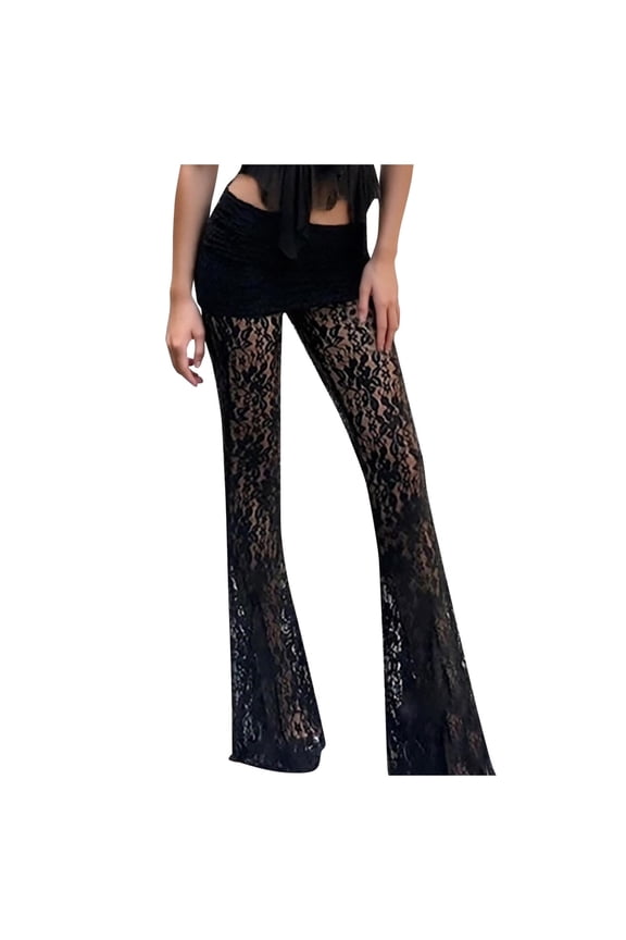 Summer Pants for Women Casual Pants Loose Fit Sexy Transparent Lace Elastic Waist Straight Leg For Daily Wear Summer Tshirts Comfortable Spring And Fall Fashion plus Harem Dress Women Set Black L