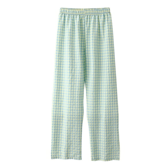 Summer Pants for Women Casual Plaid Print Elastic Waist Drawstring Pants Comfy Trousers Lightweight Summer Women Trouser Slim Casual Cropped Paper Bag Waist with Pockets Sweatpants Light Blue L