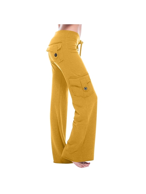 Summer Pants for Women Casual Solid Button Micro Flare Pocket Drawstring Trousers Loose Pants for Women Summer Work Long Womens Fitted Fashions Trouser Yoga Leggings Tall Yellow S