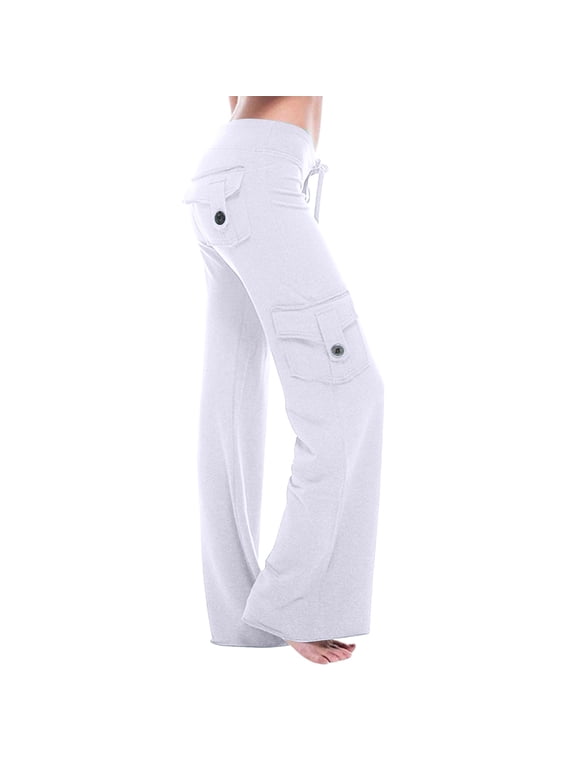 Summer Pants for Women Casual Solid Button Micro Flare Pocket Drawstring Trousers Women Dress Pants Elastic Waist Comfy Baggy Casual Wear Interview Clothes Set Wind Ladies White 2XL