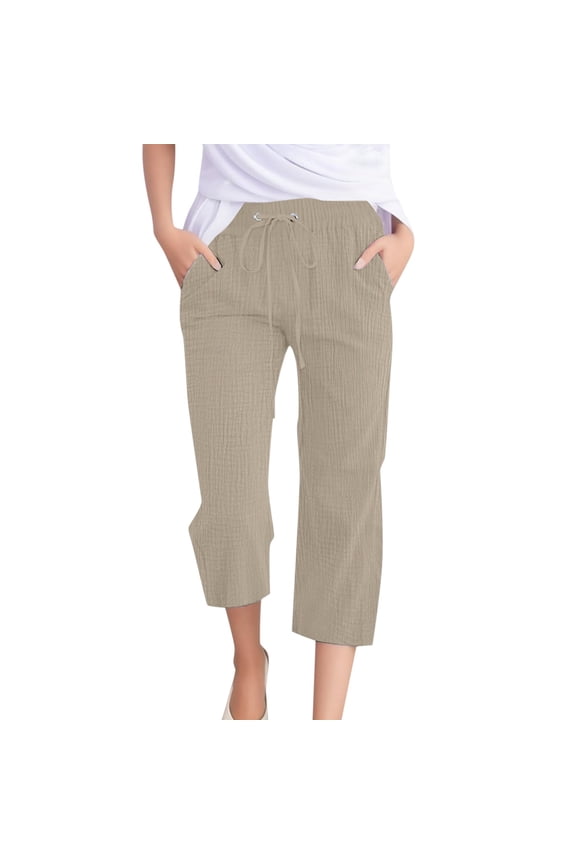 Summer Pants for Women Casual Solid Color Plain Weave Breathable 7/ 8 Pants Market Clothes plus Size Pant with Pocket Petite Business Casual Clothes for Women Control Comfy plus Fashion Khaki 2XL