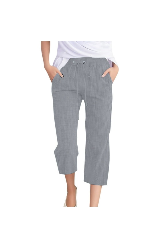 Summer Pants for Women Casual Solid Color Plain Weave Breathable 7/ 8 Pants Women Running Business Casual Stretch Fashion Apparel Womens Wide Leg Trouser Comfy Elastic Comfy plus Light Gray 2XL