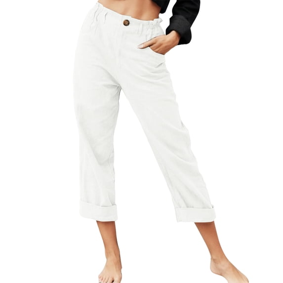 Summer Pants for Women Casual Solid Color Pockets Zipper Elastic Button Waist Pants Long Trousers Warm up Women Casual Short Attire Rompers for Dress Leggings White 3XL
