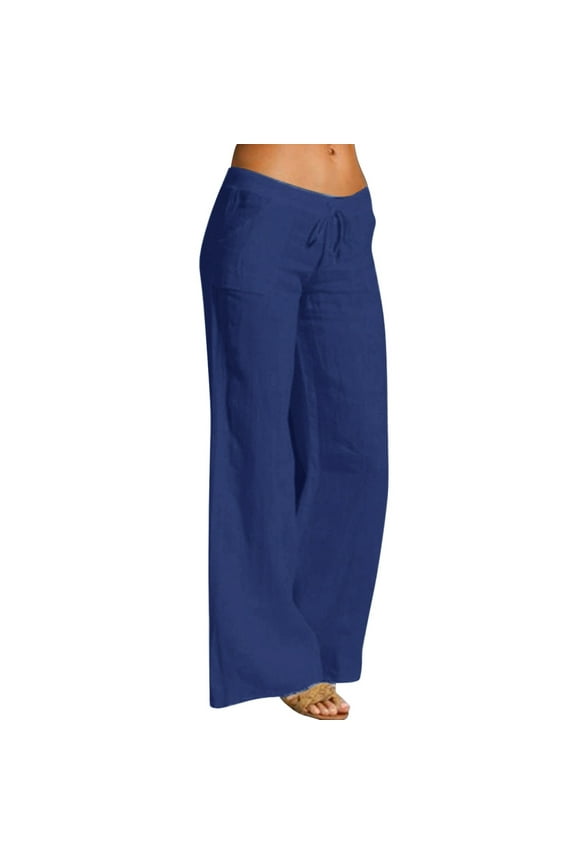 Summer Pants for Women Casual Solid Linen Elastic Waist Drawstring Long Wide Leg Pants Womens Warm up Women's Linen plus Size Work Stretchy Work for Women Trendy Business Attire Blue 4XL