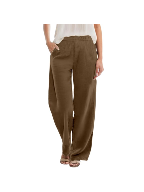 Summer Pants for Women Casual Solid Pants With Pocket Loose Fit Elastic Waist With Long Trousers Dressy Women Interview Clothes Women's Clothes Drawstring Dress Fashion Casual Coffee 2XL