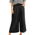 thumbnail image 1 of Summer Pants for Women Culottes Linen Wide Leg Palazzo Pants Elastic Waist Capri Trousers With Pockets Casual Pant Suits for Older Women Stretch Stretchy Work Baggy Zipper Large Yoga Black 2XL, 1 of 8