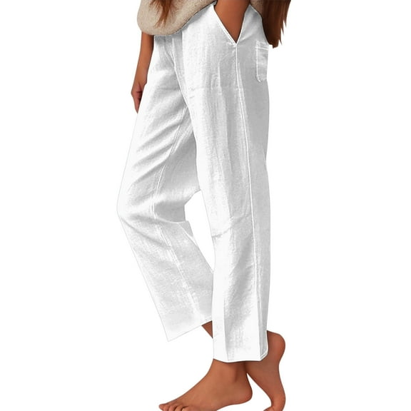 Summer Pants for Women Daily Elastic Waist Workout Trousers Solid Long Pants Loose Casual Pockets Trousers Business Casual Sweatpants Comfy Women Bottoms Waist Cropped High White S