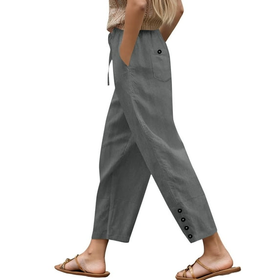 Summer Pants for Women Elastic Waistband Drawstring Pants With Button Detail Solid Color Casual Comfort Fatigue with Bow Belt Cute Sweatpants Pockets Semi Casual for Women Sweat Grey 2XL