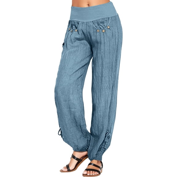 Summer Pants for Women Fashion Casual Buttons Solid Women Pants Leg And Trouser Wide Loose Dress Pant Tall Womens Sweet Business Casual for Stretch Zipper Work Long Blue L