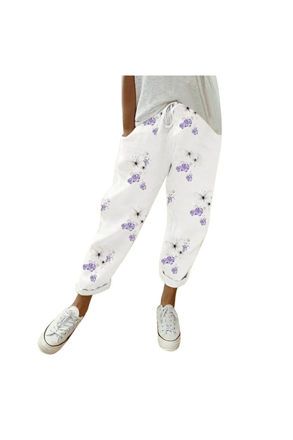 Summer Pants for Women Fashion Print Casual Pocket Wide Leg Pants Elastic Waist Loose Ankle Length Trousers for Women Trendy Casual Long Cropped Brocade Running on Corduroy White 2XL