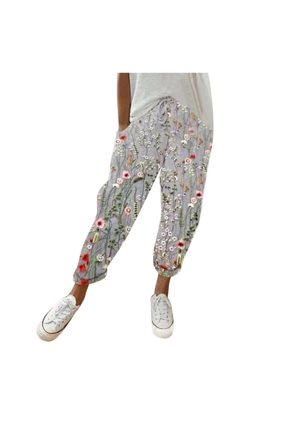 Summer Pants for Women Fashion Print Casual Pocket Wide Leg Pants Elastic Waist Loose Ankle Length Trousers for Women Trendy Casual Long Cropped Brocade Running on Corduroy Grey L