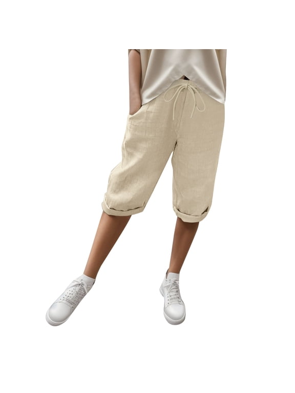 Summer Pants for Women Fashion Solid Large Pocket Elastic Casual Pants Pocket Capris Active for Women Tempo Casual Elastic Anytime Pant Work Juniors Wide Leg Work Khaki M