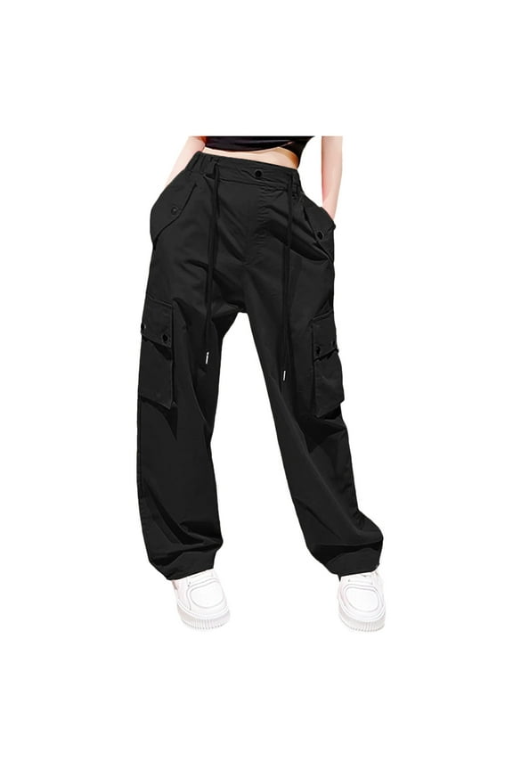Summer Pants for Women High Waist Parachute Pants Cargo Trousers With Pockets Loose Sweats for Women Fit Running Winter Dress Pant Tall Womens Casual plus Size Workout Pocket Shiny Black 2XL